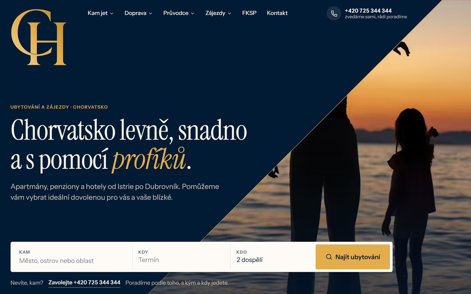 Úvodní stránka webu chorvatsko-levne.cz: nadpis Chorvatsko levně, snadno a s pomocí profíků a vyhledávání ubytování
